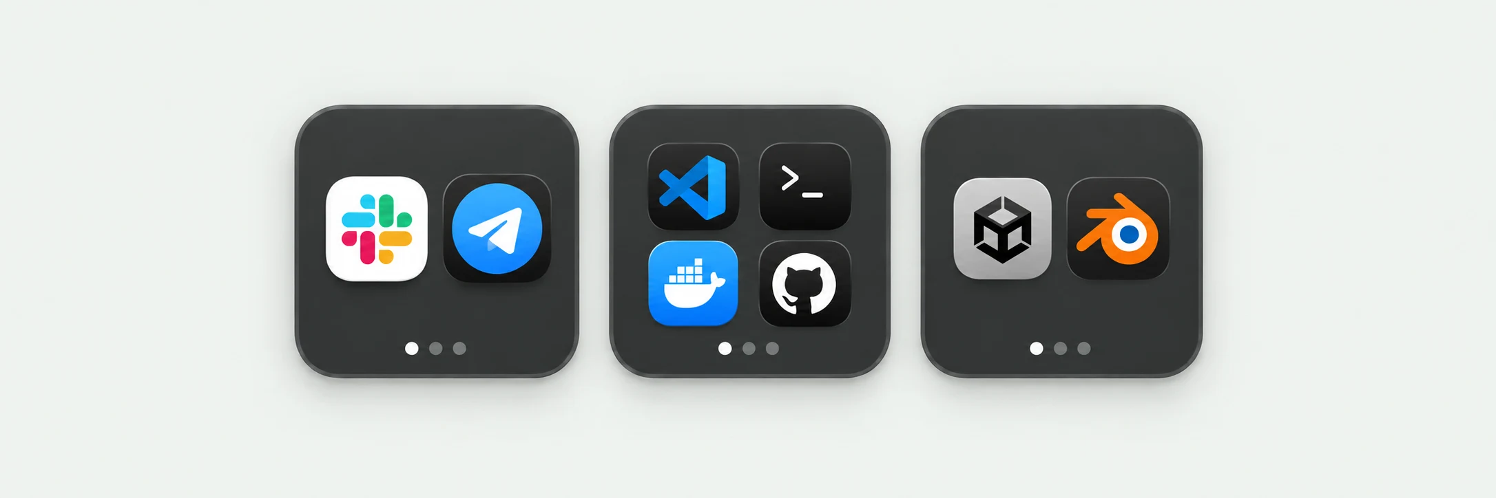 Three complete app folders containing messaging, development, and creative tools