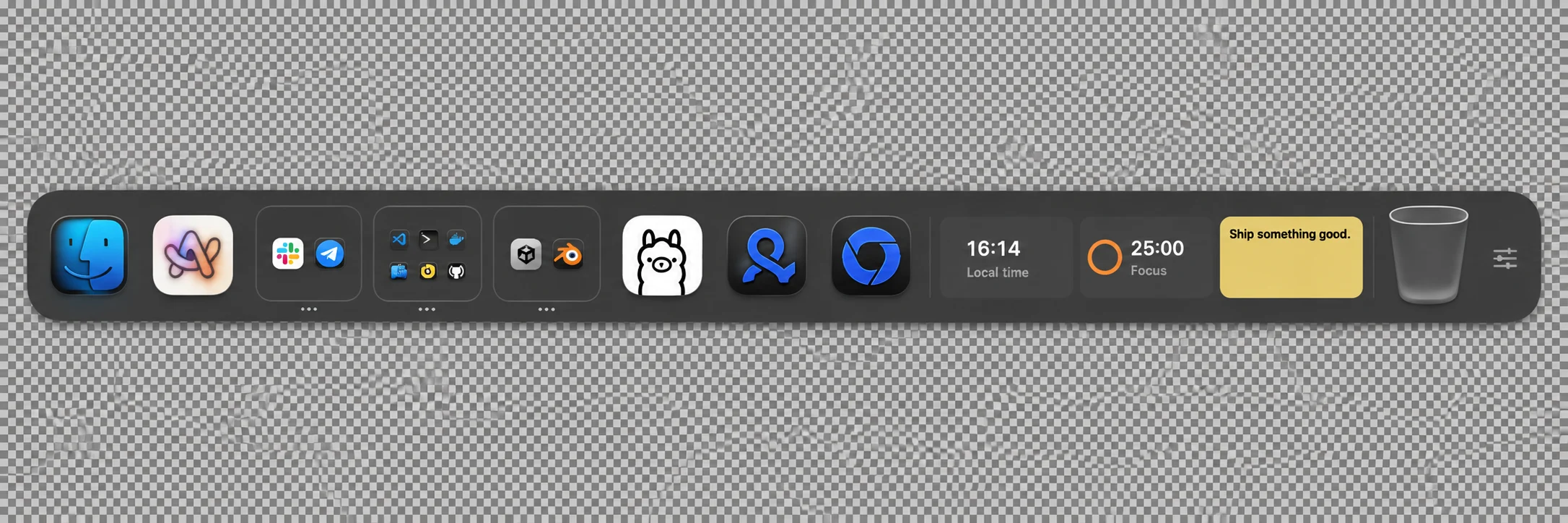A populated Open Doc preview with colorful Mac apps, grouped folders, a clock, focus timer, and sticky note