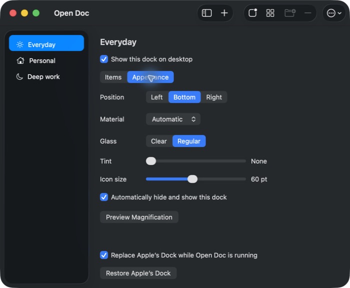 Open Doc's actual appearance settings for dock position, glass, tint, icon size, and auto-hide